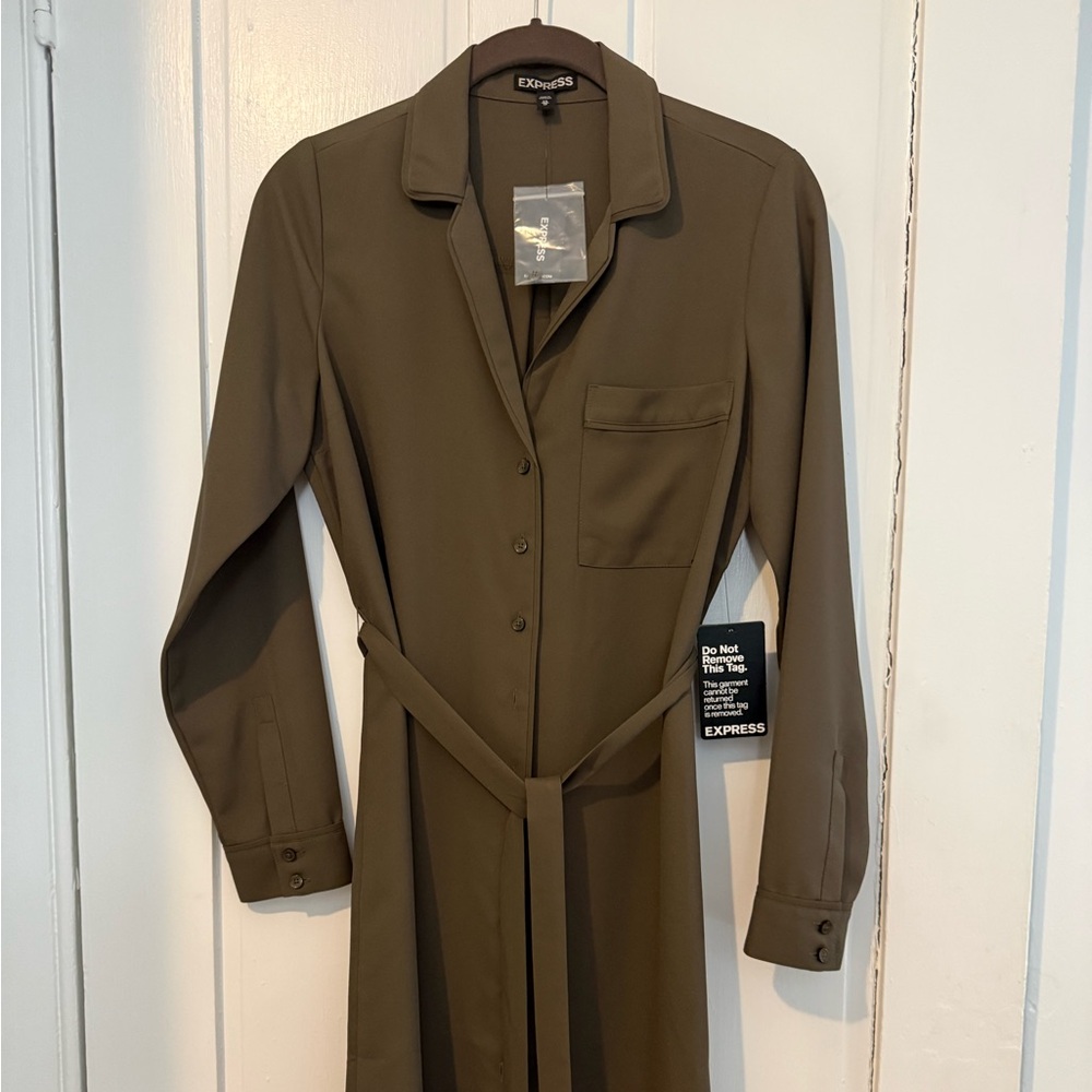 Olive green knee length shirt dress